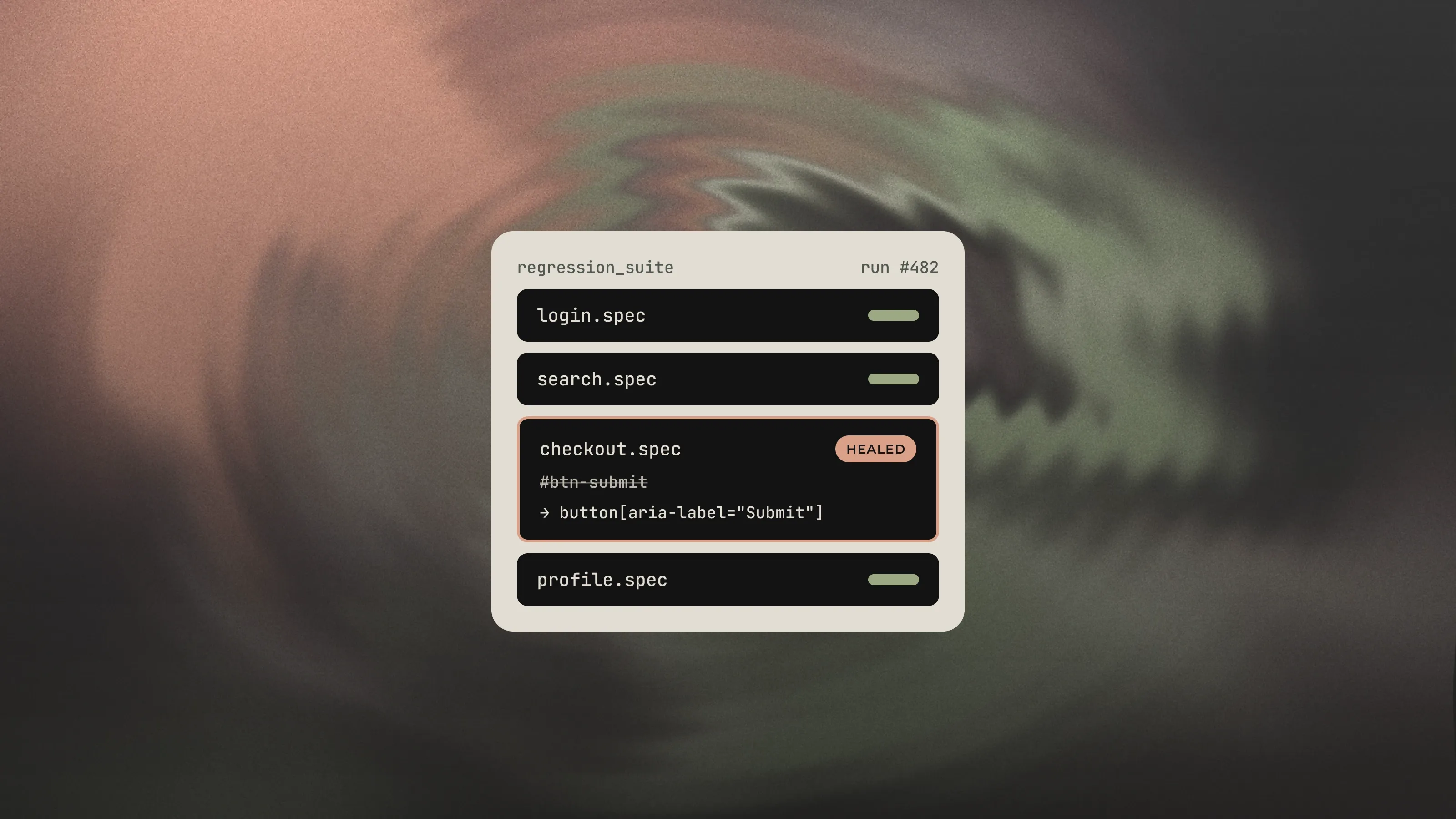 A regression suite in which the checkout test healed a broken locator